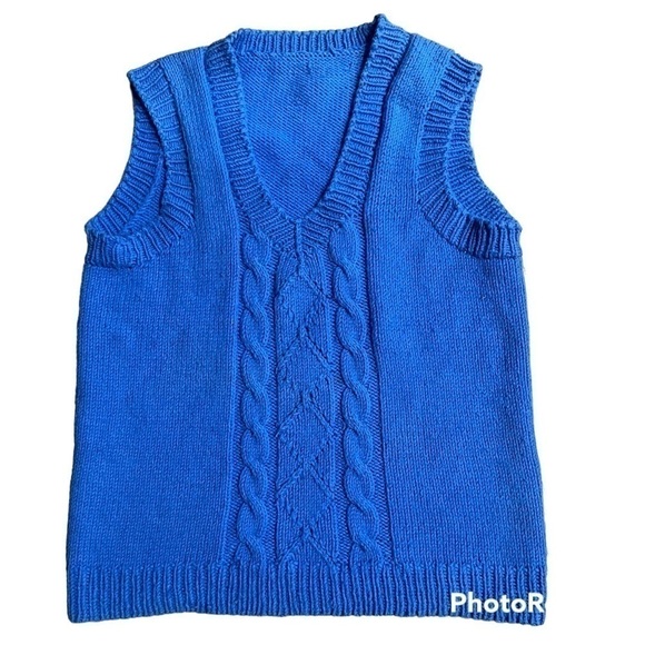 HANDMADE boys' light blue cardigan pull over V neck knitted, M 80's 3D Y2K retro - Picture 1 of 9